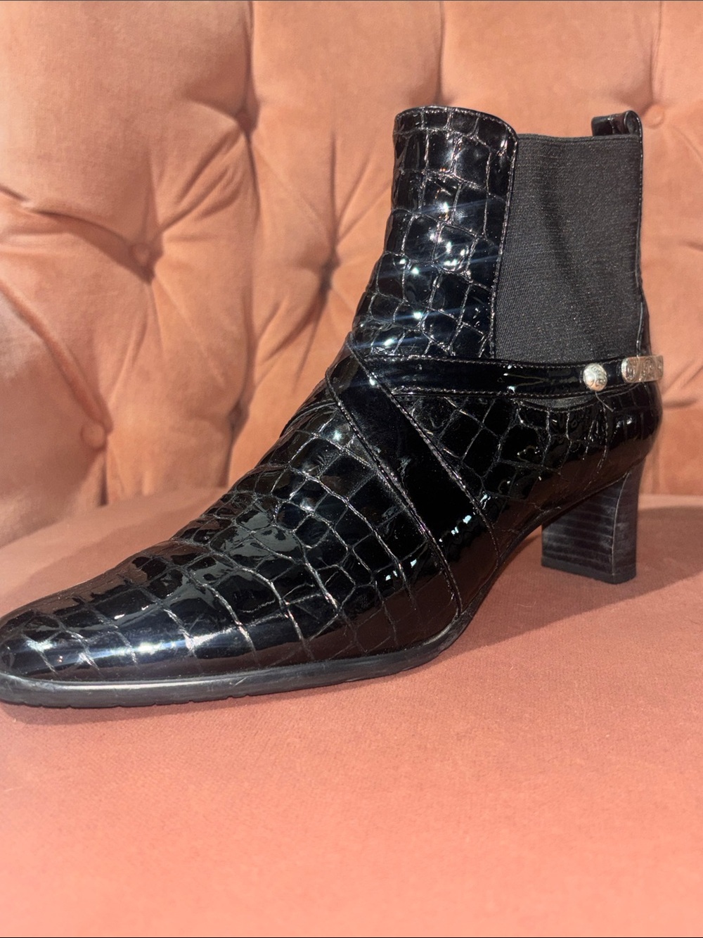 Brighton trophy boot croc embossed patent leather heeled ankle boots spur 7.5